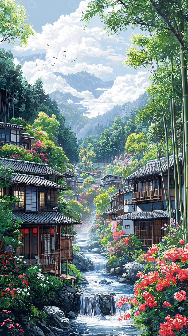 高清大图下载【趣麦麦图】山间溪流旁的日式村庄