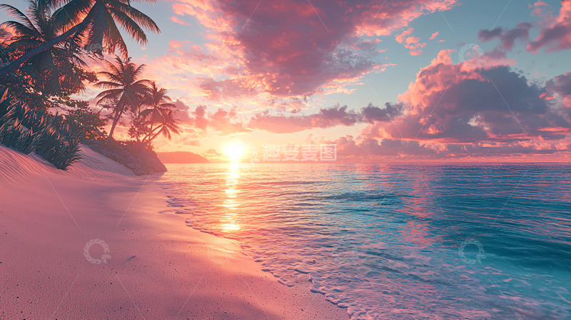 高清大图下载【趣麦麦图】粉色日落海滩椰树