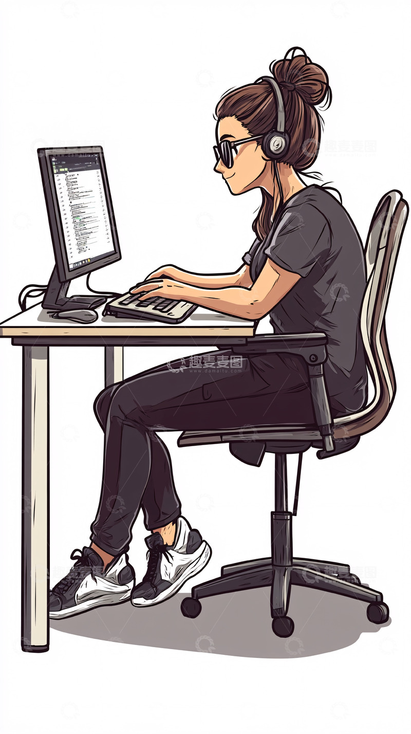 高清大图下载【趣麦麦图】戴耳机女生电脑办公