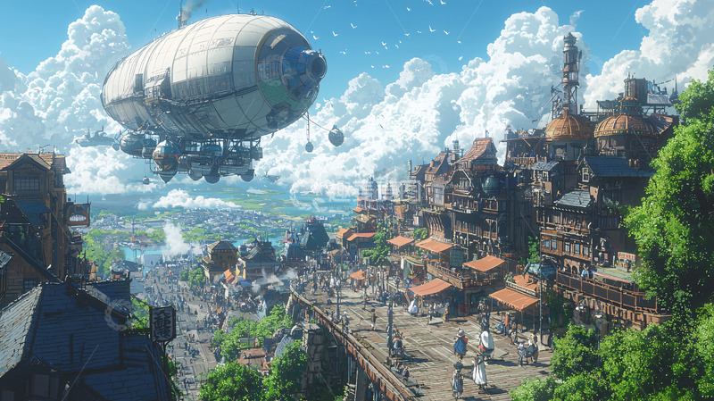 高清大图下载【趣麦麦图】飞艇上空的奇幻小镇