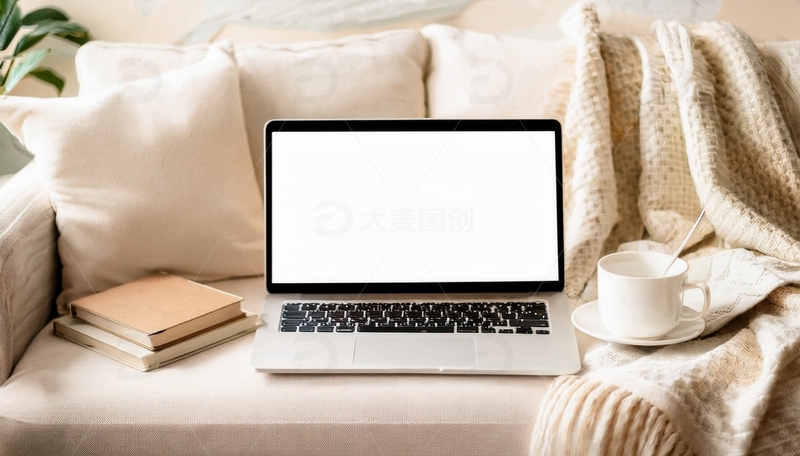 高清大图下载【趣麦麦图】沙发上摆着空白屏笔记本电脑与杂物