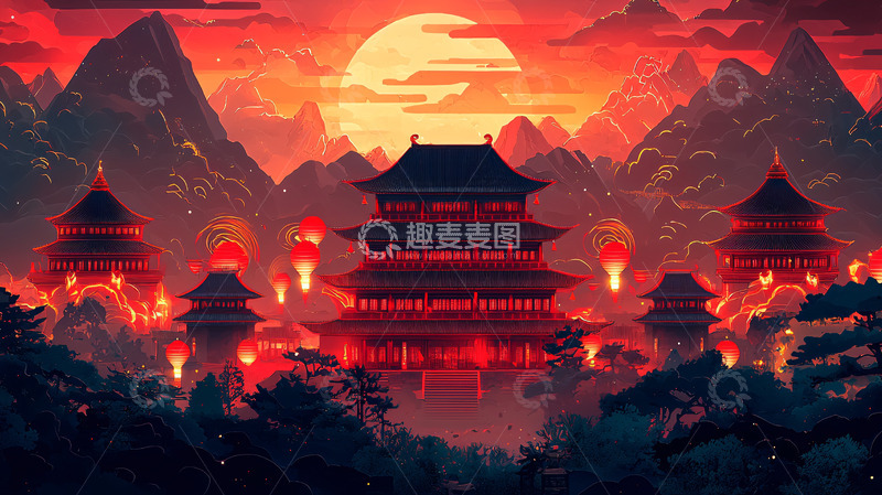 高清大图下载【趣麦麦图】红日映照下的中国古建筑