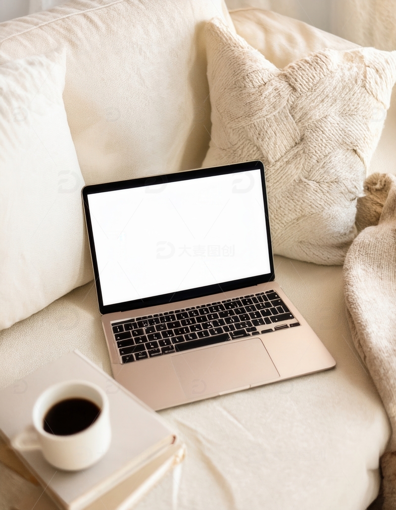 高清大图下载【趣麦麦图】沙发上笔记本电脑旁的咖啡与书籍