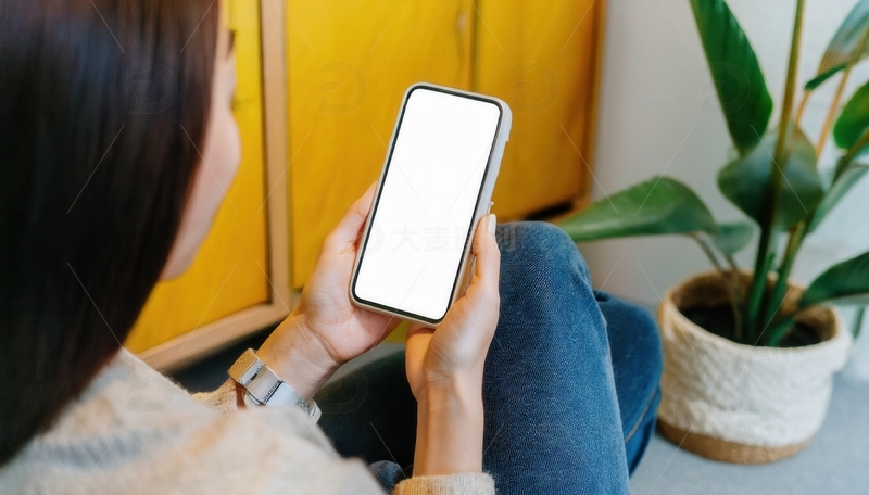 高清大图下载【趣麦麦图】女子手持空白屏幕的智能手机