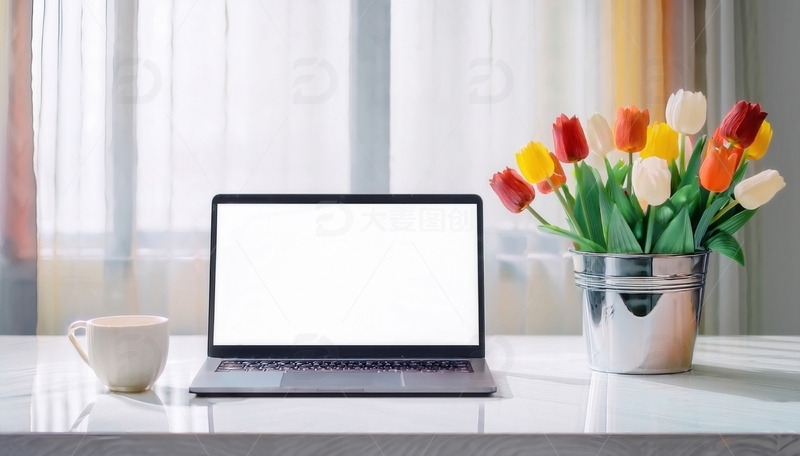 高清大图下载【趣麦麦图】桌台上笔记本电脑与鲜花咖啡相伴