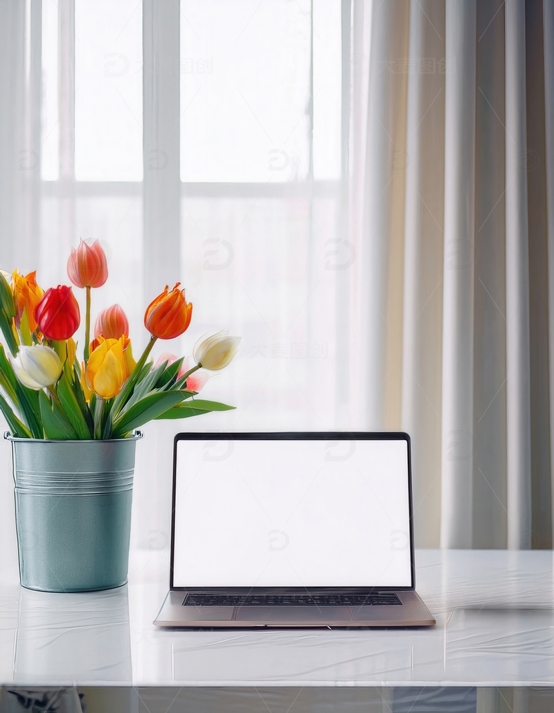高清大图下载【趣麦麦图】窗边桌上笔记本电脑与鲜花咖啡