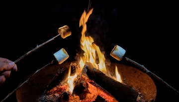 篝火旁惬意烤制棉花糖的瞬间