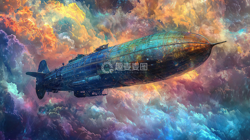 高清大图下载【趣麦麦图】彩色云层中飞行的飞艇