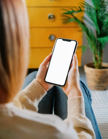 人坐着手持空白屏幕的智能手机