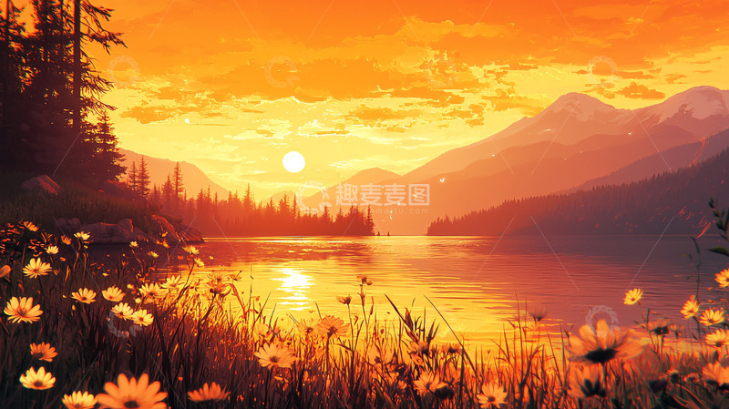高清大图下载【趣麦麦图】夕阳西下湖光山色