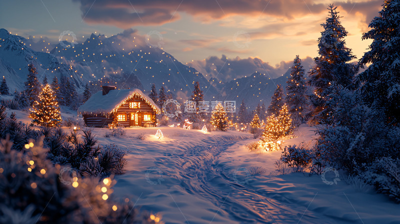 高清大图下载【趣麦麦图】雪山小屋圣诞夜景
