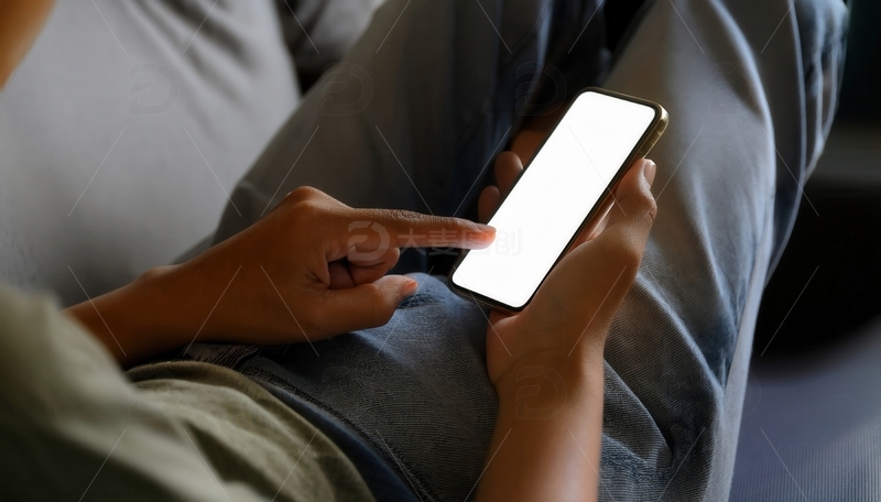 高清大图下载【趣麦麦图】人坐沙发上手触亮屏智能手机