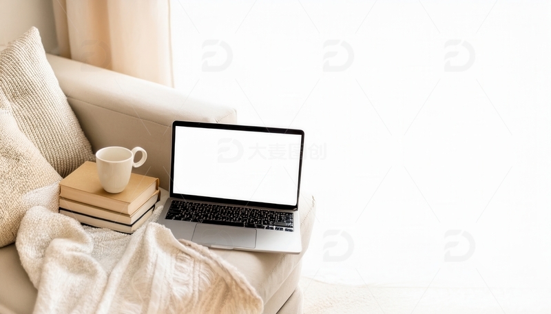 高清大图下载【趣麦麦图】沙发上的空白屏笔记本电脑与周边