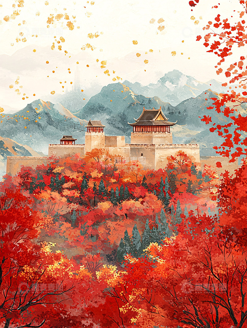 高清大图下载【趣麦麦图】秋日红叶古城