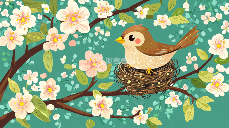 高清大图下载【趣麦麦图】小鸟在花树枝头筑巢