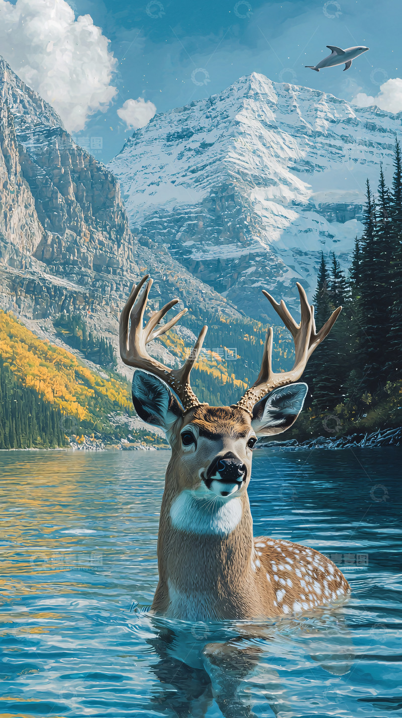 高清大图下载【趣麦麦图】雄鹿在雪山湖水中