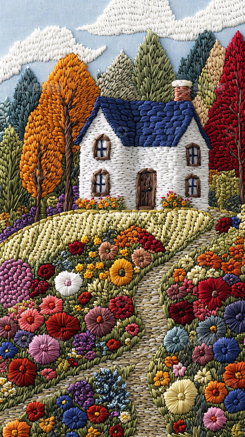 高清大图下载【趣麦麦图】秋日田园小屋绣花图
