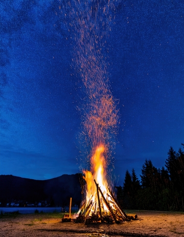 夜空下篝火熊熊，火花飞溅