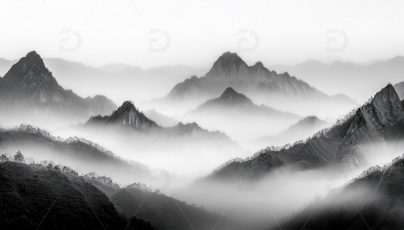 高清大图下载【趣麦麦图】水墨意境中黄山的云雾缭绕山峦