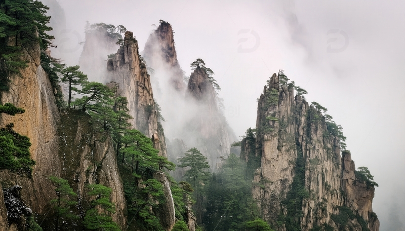 高清大图下载【趣麦麦图】云雾缭绕下黄山的奇秀峰林松景