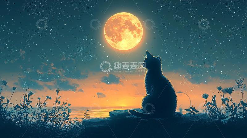 高清大图下载【趣麦麦图】黑猫眺望满月夜景