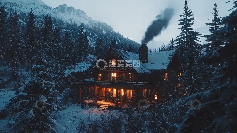 高清大图下载【趣麦麦图】雪山木屋夜景