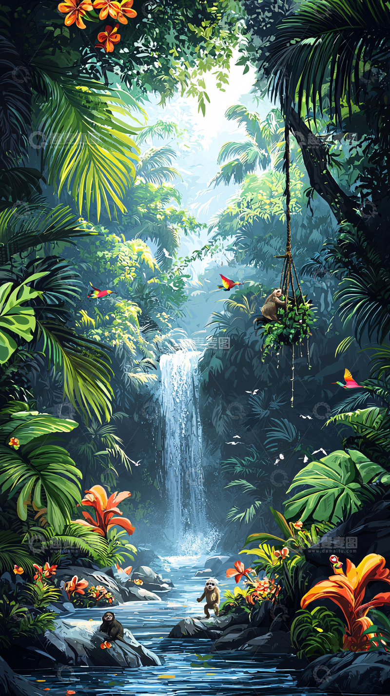 高清大图下载【趣麦麦图】热带雨林瀑布风景