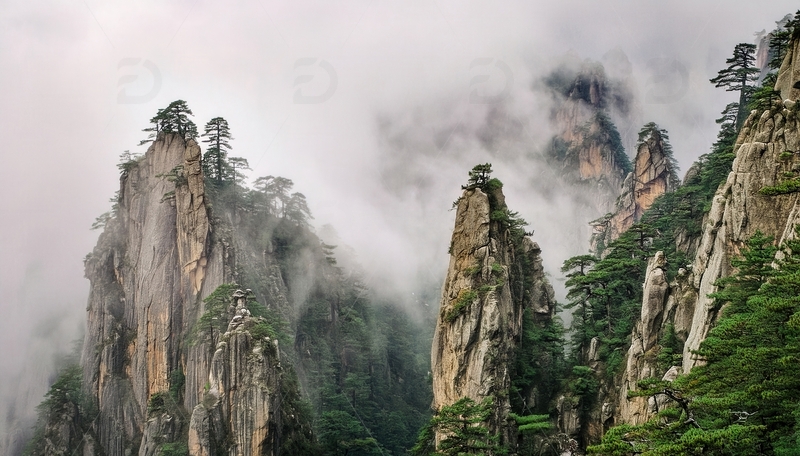 高清大图下载【趣麦麦图】云雾缥缈间黄山的奇峻峰林劲松