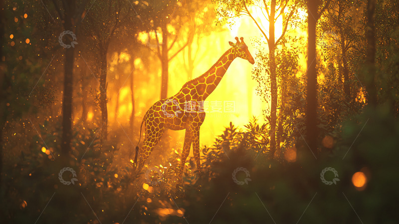 高清大图下载【趣麦麦图】夕阳下森林的长颈鹿