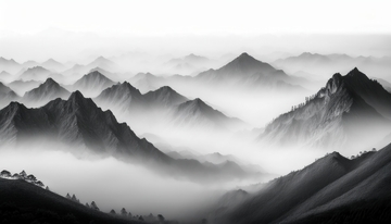 黑白间黄山云雾里的层叠峰峦