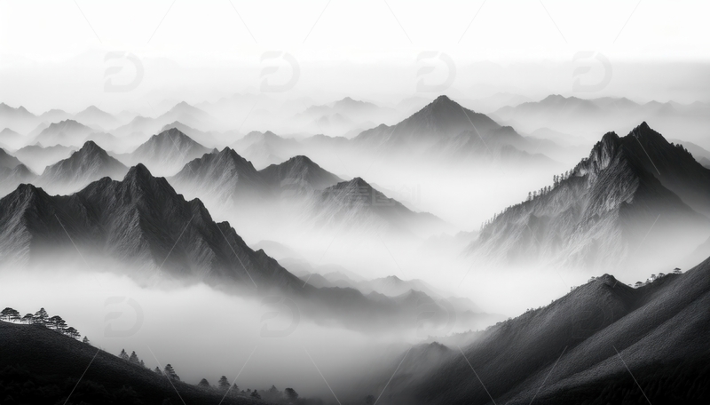 高清大图下载【趣麦麦图】黑白间黄山云雾里的层叠峰峦