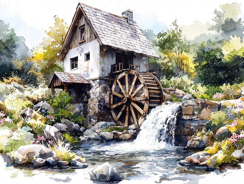高清大图下载【趣麦麦图】山间小屋水车风景画
