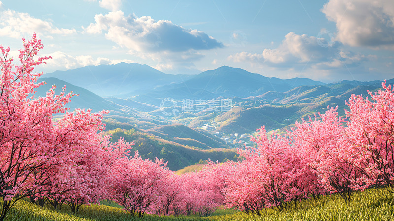 高清大图下载【趣麦麦图】粉红色的桃花树山峦景色