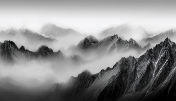 黑白水墨中黄山云雾环绕的峰群