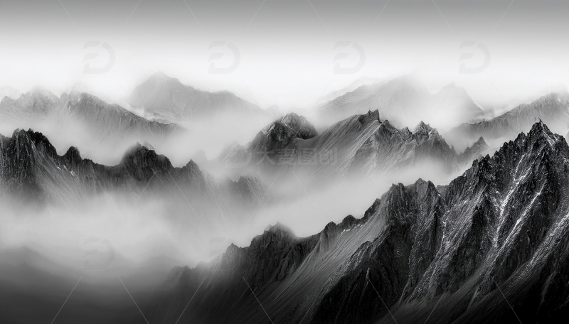 高清大图下载【趣麦麦图】黑白水墨中黄山云雾环绕的峰群