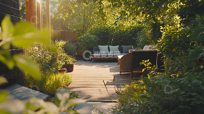 高清大图下载【趣麦麦图】阳光下绿荫庭院休闲区