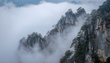 云雾弥漫中黄山的嶙峋峰林奇松