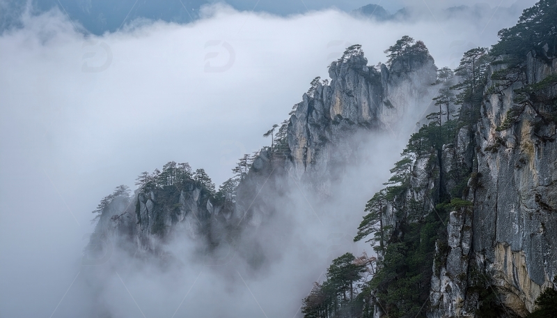 高清大图下载【趣麦麦图】云雾弥漫中黄山的嶙峋峰林奇松