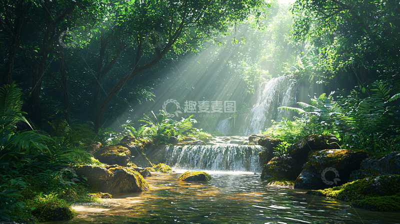 高清大图下载【趣麦麦图】阳光洒在森林瀑布上