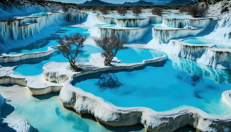 高清大图下载【趣麦麦图】蓝白交织的九寨沟钙化池奇景