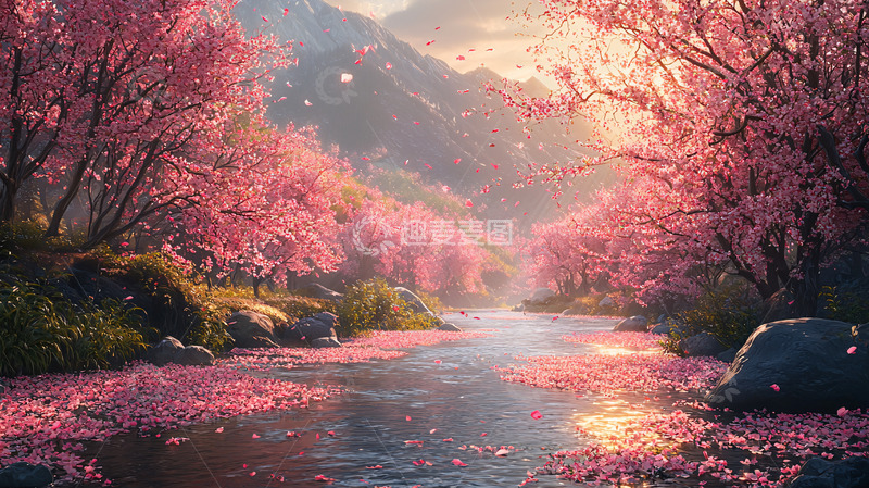 高清大图下载【趣麦麦图】唯美樱花溪流风景