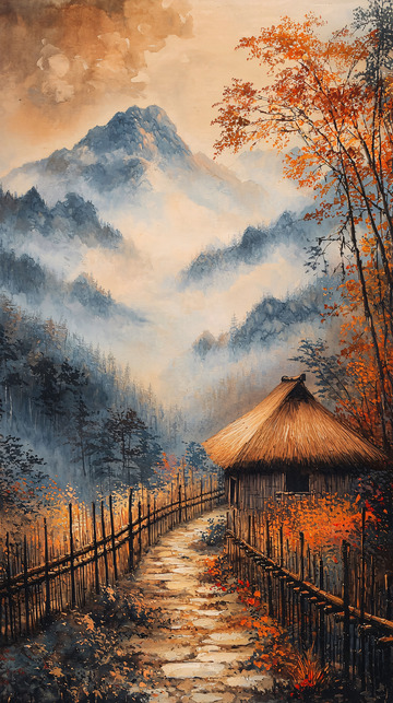 山间小路茅屋秋景