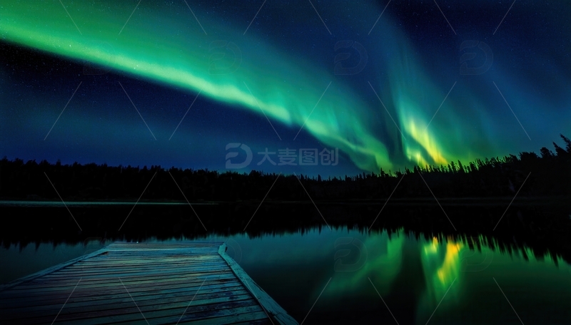 高清大图下载【趣麦麦图】夜湖栈道上，极光的绿色梦幻倒影