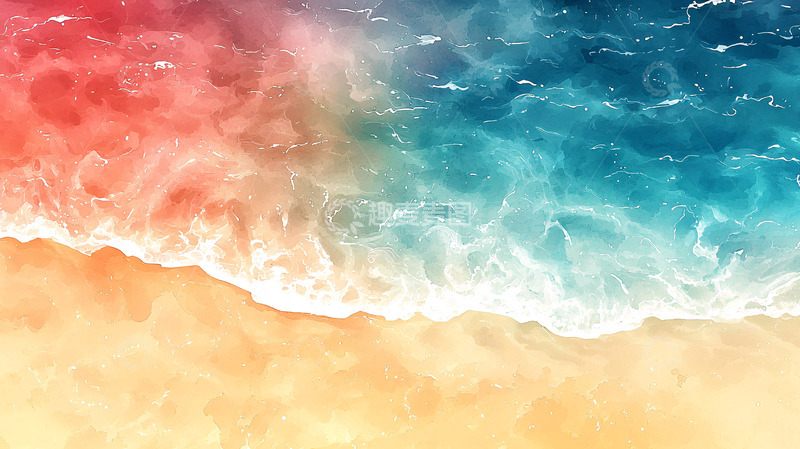 高清大图下载【趣麦麦图】海滩水彩画