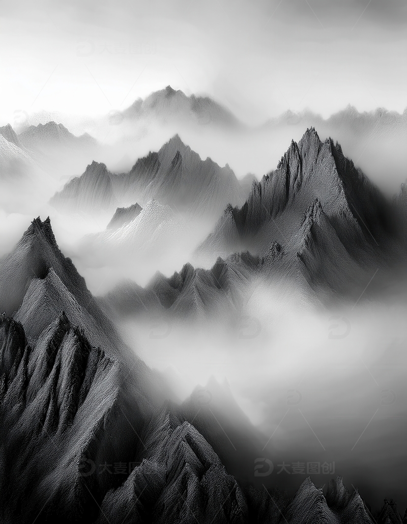 高清大图下载【趣麦麦图】云雾缥缈间的黑白黄山诸峰