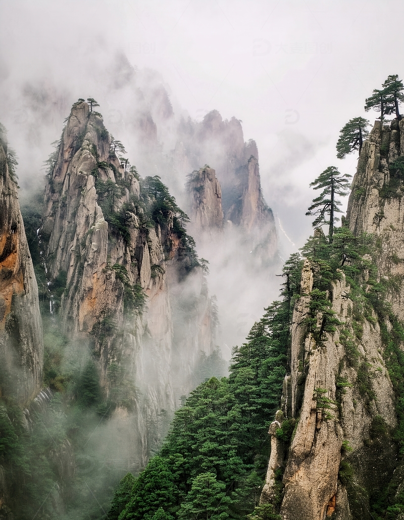 高清大图下载【趣麦麦图】云雾弥漫的黄山松峰相依之景
