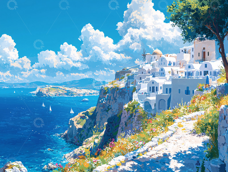 高清大图下载【趣麦麦图】阳光下的海边白屋