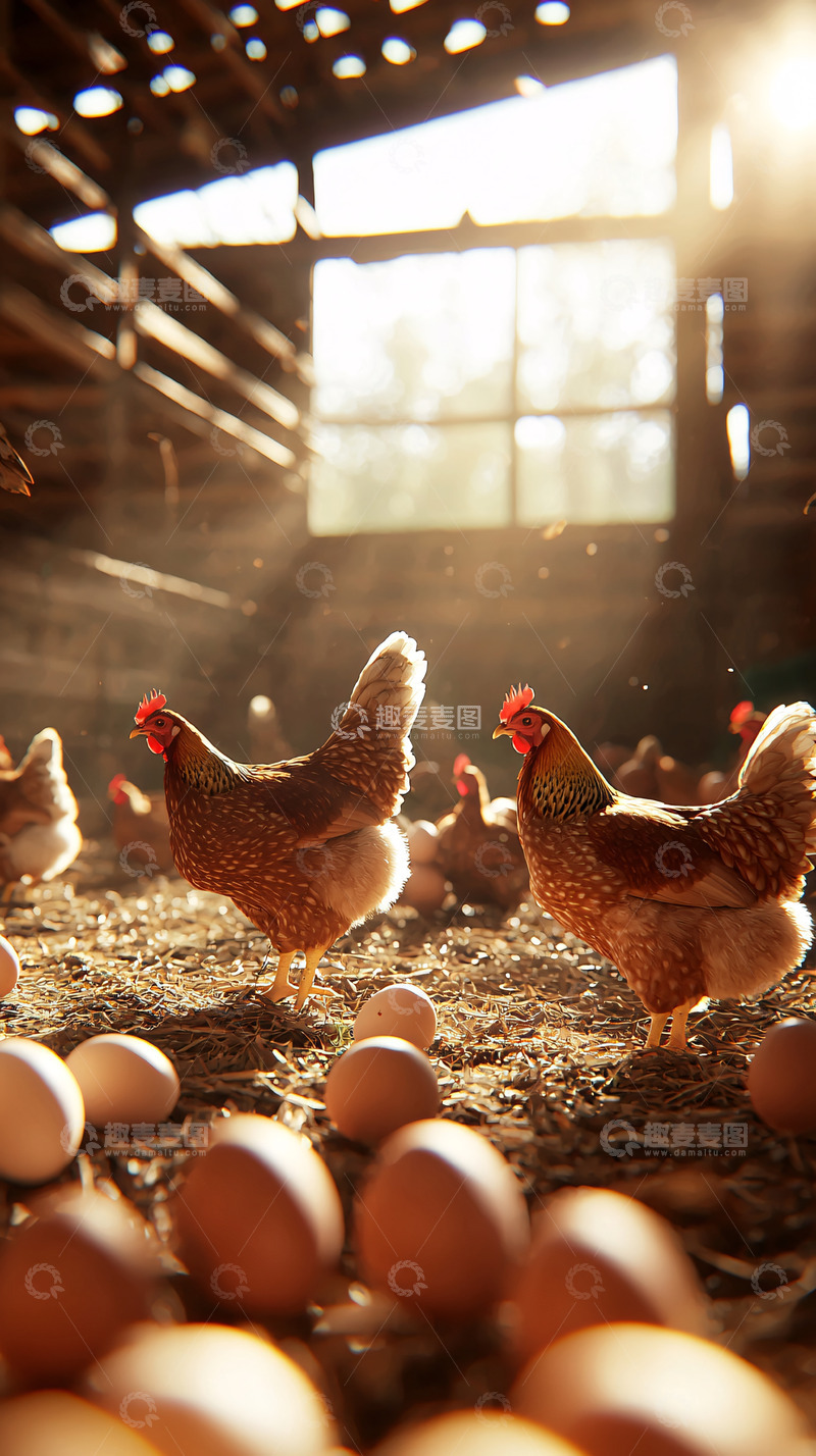 高清大图下载【趣麦麦图】鸡舍里的母鸡和鸡蛋