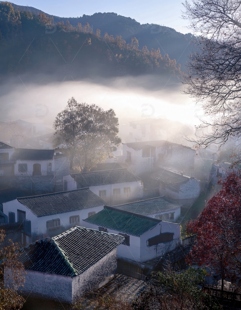 高清大图下载【趣麦麦图】薄雾笼罩下的宁静徽派村落