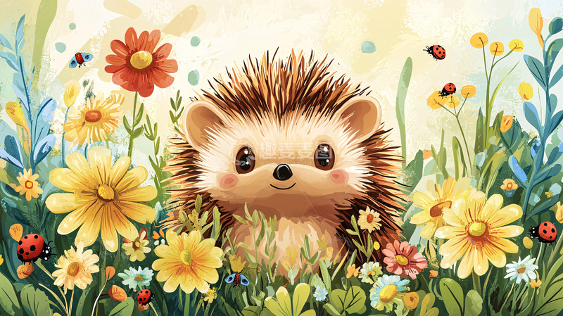 高清大图下载【趣麦麦图】可爱卡通刺猬花丛